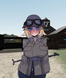 1girls background big_breasts blue_eyes german_female googles gun hearts_in_eyes roblox scorched_earth short_hair ww2 yellow_hair