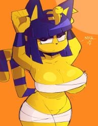 2024 absurd_res animal_crossing ankha_(animal_crossing) anthro bangs big_breasts blue_ears blue_eyeshadow blue_hair breasts buxy buxy_xyz chest_wraps clothed clothing digital_drawing_(artwork) digital_media_(artwork) domestic_cat eyebrows eyeshadow featureless_crotch felid feline felis female female_anthro fingers front_view fur glistening glistening_breasts glistening_eyelids glistening_hair hair hi_res makeup mammal markings mouth_closed mummy_wrappings narrowed_eyes navel nintendo nya orange_background paw_pose portrait pose simple_background skimpy solo striped_markings striped_tail stripes tail tail_markings thick_thighs uraeus wraps wraps_only yellow_body yellow_fur yellow_inner_ear