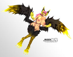 2013 areola avian big_breasts black_fur breasts female fur hair harpy hindpaw hip_piercing huge_breasts lips long_hair looking_at_viewer mugenillustrations navel_piercing nipple_piercing nipples nude paws piercing pink_hair pussy smile solo talons thighs wide_hips wings yellow_eyes yellow_fur