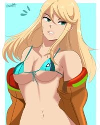 1girls absurd_res bikini_top blonde_hair female female_only green_eyes jacket_off_shoulders karbuitt long_hair looking_at_viewer metroid mole mole_under_mouth nintendo portrait samus_aran solo