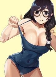 absurdres bare_shoulders black_eyes black_hair blue_one-piece_swimsuit braid braided_ponytail breasts cleavage commentary competition_school_swimsuit english_commentary female firstdayiyui glasses hair_ornament hair_over_shoulder hanekawa_tsubasa highres large_breasts light_blush monogatari_(series) one-piece_swimsuit school_swimsuit simple_background smile solo swimsuit yellow_background