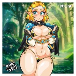 1girls alternate_version_at_source areola_slip areolae artist_logo big_breasts bikini blonde_hair breasts clothing curvaceous curvy curvy_figure elf elf_ears elf_female embarrassed emis_art female female_only forest forest_background green_eyes huge_breasts nintendo open_clothes princess princess_zelda solo solo_female the_legend_of_zelda the_legend_of_zelda:_breath_of_the_wild thick_thighs triforce_bikini voluptuous voluptuous_female wide_hips zelda_(breath_of_the_wild)