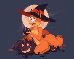 breasts edtropolis fox fox_ears fox_girl fox_tail foxgirl glasses halloween_theme jack-o'-lantern moon night witch_hat