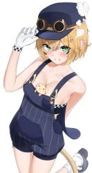 blonde_hair checkered_bra cleavage conductor_hat conductor_uniform dooby3d foot_up gloves goggles green_eyes hand_behind_back indie_virtual_youtuber jerboa jerboa_humanoid looking_at_viewer mascot nob plain_background sideboob tipping_hat virtual_youtuber