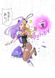 breasts bunny_ears bunnysuit clothing dark-skinned_female ebonization eromonsterbox21 female hair_color_change high_heels japanese_text kaguya_madoka magical_girl mid-transformation precure pretty_cure race_swap small_breasts star_twinkle_precure text thick_thighs transformation translation_request wide_hips