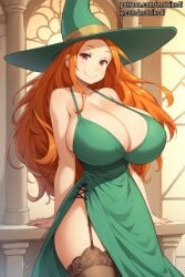 ai_generated big_breasts bimbo breasts elbow_gloves female female_only garter_belt garter_straps giant_breasts gigantic_breasts hat human hyper_breasts large_breasts lingerie melusine_(spirou_magazine) panties seductive shy solo spirou_magazine witch