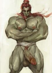 77tsutsu balls bara beard big_penis crossed_arms facial_hair flaccid ganondorf gerudo green_skin male male_only muscles muscular nintendo nude penis red_hair solo solo_male the_legend_of_zelda