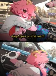 1boy 2025 2_panel_comic 2girls blush boku_no_hero_academia car car_crash comedic comedy comic driving funny khyleri lifting_shirt looking_at_viewer meme mina_ashido mineta_minoru momo_yaoyorozu my_hero_academia pink_hair pink_skin sweat sweatdrop teasing teasing_viewer text tie white_shirt yellow_eyes