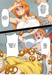 big_breasts blush comic comic_page curvy_body curvy_female curvy_figure female grabbing_own_breast hourglass_figure huge_breasts legs male monkey_d_luffy muscular_male nami one_piece orange_hair rodorodo610 scar scar_on_chest tattoo text thick_thigh transparent_clothing voluptuous voluptuous_female wet_clothes wide_hips