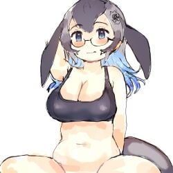 :q anchor_hair_ornament animal_ears bangs bare_shoulders black_hair blue_eyes blue_hair blue_whale_(kemono_friends) blush bottomless bra breasts cetacean_tail cleavage closed_mouth clothing crusaderkun5 eyewear female fins fish_tail glasses grey_hair hair_between_eyes hair_ornament kemono_friends large_breasts licking_lips long_hair looking_at_viewer multicolored_hair navel semi-rimless_eyewear sitting smile solo sports_bra spread_legs stomach tail tongue tongue_out under-rim_eyewear underwear