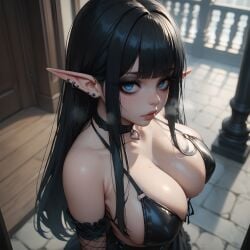 ai_generated bangs bikini_top black_clothing black_hair blue_eyes cleavage collar cute ear_piercing elf elf_ears elf_female eogard_orc goth goth_girl heavy_breathing huge_breasts long_hair looking_at_viewer musk original_character self_upload stable_diffusion viewed_from_above