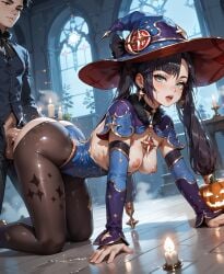 ai_generated akira_hentai ass black_choker black_gloves black_hair black_pantyhose bra breasts breasts_exposed_ candles capelet cock cum dark detached_sleeves doggy doggystle exposed female frombehind fur_collar genshin genshin_impact gold_footwear halloween horny long_hair long_sleeves magic mona mysterious nipples on_knees pumpkins purple_leotard pussy saliva seductive sexy shadows sitting spit thighlet thighs twintails witch