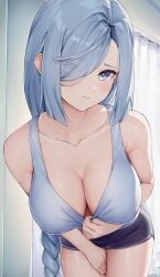 1girls absurd_res absurdres adult adult_female areola_bulge belly belly_button big_breasts black_shorts blue_eyebrows blue_eyes blue_eyes_female blue_hair blue_hair_female blush blush_face blush_lines blushed_face blushing_at_viewer blushing_face blushing_female braid braided_hair braided_ponytail breasts busty busty_female busty_girl cleavage collarbone dot_nose embarrassed_expression embarrassed_female eyebrows_visible_through_hair fair_skin female female_focus female_only fingers genshin_impact hair_over_one_eye hand_on_leg hand_on_own_leg hand_on_own_thigh hand_on_thigh head_tilt high_resolution highres indoor indoors large_breasts lean_body lean_figure leaning_forward legs light-skined_female light-skinned light-skinned_female light_skin light_skin_female light_skinned light_skinned_female lips long_hair looking_at_viewer mature mature_female narrow_waist navel nervous nervous_expression nervous_face nervous_female nipple_bulge pale pale-skinned_female pale_skin pale_skinned_female parted_bangs ponytail rosumerii shenhe_(genshin_impact) shorts shoulders shy silver_hair silver_hair_female slender_body slender_waist slim_girl slim_waist smooth_skin solo standing tank_top tank_top_aside tank_top_pull thick_thighs thighs thin_waist tilted_head topwear topwear_aside topwear_pull upper_body very_long_hair white_background white_tank_top white_topwear