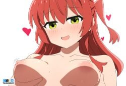 blush bocchi_the_rock! breasts grabbing_breasts green_eyes heart kita_ikuyo nipples red_hair sweat tsuranukko