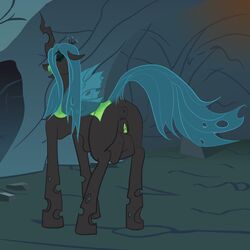 2014 abdominal_bulge anal_vore anus ass black_body bulge changeling closed_eyes feral friendship_is_magic green_eyes grey_scarborough hair hasbro horn inside long_hair my_little_pony open_mouth pussy queen_chrysalis_(mlp) raised_tail solo standing stomach_bulge vore