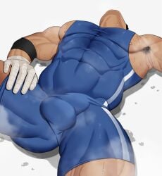 1boy abs after_fight armpit_hair balls balls_outline bara biceps big_bulge big_pecs blue_singlet body_hair boner bulge bulge_under_clothes bulge_under_singlet close-up defeated hairy_armpits hand_on_thigh hard_on heavy_sweating human human_only kansuke_(kansuke_717) lying lying_on_back male male_chest male_nipples male_only muscles muscular muscular_male muscular_thighs musk musky nipples pecs pectorals penis penis_outline simple_background singlet six_pack solo solo_focus solo_male steam steaming_body steamy sweat sweatdrop sweating sweaty thick_thighs tight_clothing tight_singlet white_background