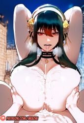 1boy1girl ai_generated arms_up big_breasts black_hair curvy curvy_figure hair_ornament light-skinned_male milf mixoai night nude paizuri patreon pleasure_face pov pov_eye_contact spy_x_family titjob titjob topless yor_briar