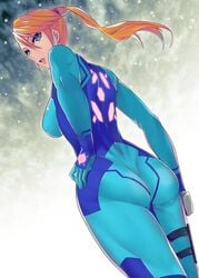 ass beauty_mark blonde_hair blue_eyes bodysuit female female_only gun hand_on_hip holster human looking_back metroid nintendo open_mouth ponytail samus_aran sideboob skin_tight solo tied_hair uono_shinome weapon zero_suit zero_suit_samus