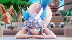 2girls 3d animal_ears animal_tail animated ass ass_shake blue_eyes blue_tail face_down_ass_up female female_focus female_only fox_ears fox_girl fox_tail grey_hair hip_grab io_(paladins) legs looking_at_viewer no_sound nude nude_female paladins thick_legs thick_thighs thighs tiara video vora_(paladins) yazanios