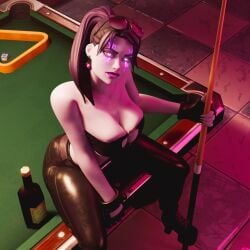 1girls 3d 3d_(artwork) bandeau big_breasts breasts_squeezed_together cleavage eyewear_on_head fortnite glowing_eyes leather_pants leather_topwear looking_at_viewer nightsurf_bomber pink_skin ponytail pool_cue pool_table purple_skin sitting