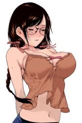 artist_request bakemonogatari bare_shoulders black_hair blush braid breasts brown_shirt closed_eyes closed_mouth collarbone colorized ear_blush facing_viewer female glasses hair_ornament hair_ribbon hanekawa_tsubasa highres large_breasts lips long_hair monogatari_(series) navel official_art oogure_ito red_ribbon ribbon shirt skirt sleeveless sleeveless_shirt solo stomach sweat third-party_edit transparent_background upper_body