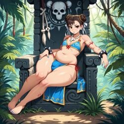 1boy ai_generated blue_nails bone_necklace bra brown_hair bulge chun-li earrings fat_belly femboy girly huge_butt huge_hips jungle leg_scar loincloth male necklace plump scar scorpyfemboy sexy.ai solo street_fighter thick_thighs throne tribal tribal_clothing tribal_jewelry tribal_tattoo wide_hips wristband