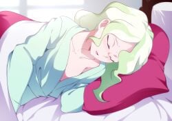 1girls almost_naked almost_nude anime blush blush_lines diana_cavendish female green_hair jcm2 little_witch_academia no_bra sleeping solo student vulnerable