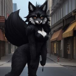 ai_generated anthro black_body black_fur blue_sky breasts chest_tuft city city_street face_tuft female fluffy fox furry holding_paintbrush nude orange_eyes pussy robbert135 sky skyscraper skyscrapers solo standing street tail