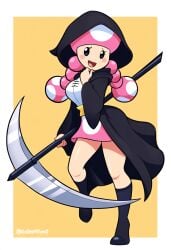 aged_up ai_generated black_eyes female_focus grim_reaper mario_(series) mushroom_humanoid nintendo novelai pink_hair scythe simple_background super_mario_bros. toadette twin_braids weapon