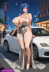 ai_generated areola_slip azur_lane blue_hair blush car cleavage dress full_body huge_breasts legs long_legs necklace night purple_eyes showmeai side_ponytail st._louis_(azur_lane) st._louis_(luxurious_wheels)_(azur_lane) stable_diffusion thighs