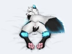 4_toes anthro anus arctic ass bed black_body black_fur blue_body blue_fur bodily_fluids canid canine claws closed_eyes digital_media_(artwork) dipstick_ears ear_markings feet female finger_fuck fingering fingering_self fironmaplez_(artist) fluffy fluffy_tail fox fur furniture genital_fluids genitals glowing glowing_crystal glowing_ears glowing_legs glowing_markings glowing_tail hair hi_res jewelry looking_pleasured lying mammal markings masturbation multicolored_body multicolored_ears nude on_front open_mouth pawpads paws pink_pawpads pink_pussy presenting pussy rachel_firestorm_(fironmaplez) raised_tail rear_view simple_background solo spread_pussy spreading tail teeth toe_claws toes tongue tongue_out true_fox tuft vaginal_fluids vaginal_masturbation vaginal_penetration white_body white_fur