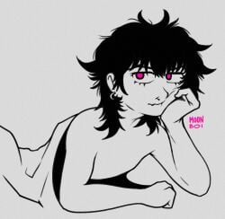 1boy bed black_hair ear_piercing femboy laying_on_bed long_hair moon_boi nose_piercing nude under_sheets