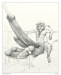 1boy anthro balls big_testicles cum erection feline fur furry hyper hyper_penis hyper_testicles lion looking_at_viewer male male_only mammal monochrome multi_balls multi_genitalia multi_penis muscular muscular_male nipples penis pentaphallia pulsar sketch solo testicles text traditional_media_(artwork) veins veiny_penis veiny_testicles white_background