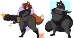 2023 allyson_(dewwydartz) anthro bbw belly big_belly big_breasts black_boots black_clothing black_footwear black_gloves black_handwear black_topwear bodysuit boots breasts canid canine chubby clothed clothing dewwydarts dewwydartz dipstick_tail female footwear fox fur furry gatling_gun gloves grey_bodysuit grey_clothing grey_skinsuit gun hair handwear hi_res holding_object holding_weapon huge_breasts huge_thighs kill_count machine_gun maddie(dewwydartz) maddie_(dewwydarts) mammal markings minigun muzzle_flash orange_body orange_fur overweight patreon patreon_logo ranged_weapon red_hair shoes shooting shooting_gun simple_background simple_eyes skinsuit slightly_chubby slightly_chubby_anthro slightly_chubby_female spent_casing standing tail tail_markings tally_marks thick_thighs tight_clothing topwear torn_clothing weapon western_tally_marks wide_hips yellow_eyes