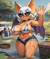 ai_generated anthro big_breasts blouse blush blushing_at_viewer breasts eyelashes eyeliner eyeshadow female female_only fur furry furry_only green_eyes looking_at_viewer makeup narrowed_eyes rouge_the_bat sega solo solo_female sonic_(series) sonic_the_hedgehog_(series) sweatdrop thick_thighs wings