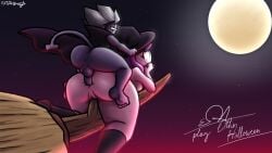 anal anal_sex ass balls bigger_female broom broom_riding cape couple deltarune enjoying friday_night_funkin halloween halloween_2024 halloween_costume holding_onto_partner imp imp_tail in_sky jevil_(deltarune) looking_at_moon moon moonlight night night_sky nude romantic_sex sarvente_(dokki.doodlez) size_difference witch_hat