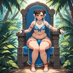 1boy ai_generated anklewear blue_nails bone_necklace bra brown_hair bulge chun-li earrings femboy girly huge_butt huge_hips jungle leg_scar male necklace plump scorpyfemboy sexy.ai solo street_fighter thick_thighs thong throne tribal tribal_clothing tribal_jewelry tribal_tattoo wide_hips wristband