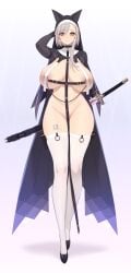 absurdres animal_ears breast_curtains fake_animal_ears female highres holding holding_sword holding_weapon nipple_chain nipple_piercing nun original piercing rekaerb_maerd sword weapon