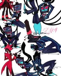 alastor_(hazbin_hotel) angry black_hat black_topwear blue_eyes blue_pants blue_teeth blue_topwear blush blushing bowtie bulge claws clothed_male deer deer_ears demon demon_boy demon_humanoid faceless_character faceless_male fully_clothed gay hat hazbin_hotel humanoid long_sleeves neckwear object_head pinksartdump red_bowtie red_hair red_neckwear red_sclera sharp_claws sharp_teeth short_hair staff stepping_on_head tied_up top_hat tv tv_head two_tone_hair vivienne_medrano vox_(hazbin_hotel) wireplay wires