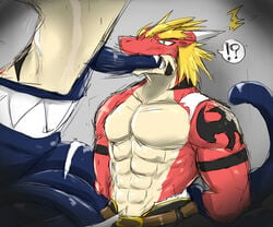 2013 ?! abs anthro belt biceps black_body blonde_hair blush bondage bound clothing delga dragon forced green_eyes grin hair hands_behind_back horn kuromaru_(mugen) m.u.g.e.n male male_only muscles open_mouth pants pecs plain_background red_body ryuukikeito scalie sweat tattoo teeth tentacle toned topless torn_clothing video_games white_body