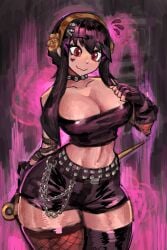 1girls big_breasts black_hair female female_human female_only gold_hairband goth goth_girl gothic hairband human light-skinned_female mature_female saiykik solo spy_x_family tagme thigh_boots thighhighs white_skin yor_forger