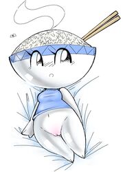 anthro bottomless bowl chopsticks ciqi exed_eyes female furry looking_away navel no_humans pussy rice sheets solo