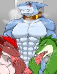 2013 abs anthro biceps blue_body blue_eyes blush collar diphallia diphallism dragon erection fish furry furry_only gay green_body green_eyes hemipenes lizard male male_only marine multi_penis muscles no_humans nude open_mouth oral pecs penis plain_background precum red_body red_eyes reptile ryuukikeito scalie scar scowl shark slit teeth toned vein