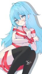 before_sex big_breasts blue_eyes blush breasts cencored characters: crying gift_wrapped girl glasses hand_tied ireren nude original sharky thick tied_up tights