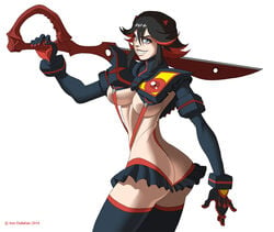 1girls 2014 armor ass bikini_armor black_hair blue_eyes breasts busty cleavage female gloves grin hourglass_figure iron-dullahan kill_la_kill matoi_ryuuko midriff navel scissor_blade senketsu short_hair skirt smile solo standing suspenders sword thigh_boots thong two_tone_hair underboob voluptuous weapon