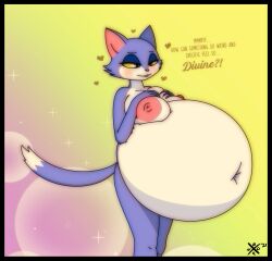 1girls ?! anthro areolae artist_logo atlus bare_shoulders bedroom_eyes belly_button belly_expansion big_areola big_belly big_breasts blue_fur bornconfused breasts curious deep_navel eyelashes eyeliner feline female female_only fondling_breast furry furry_only go!_go!_hypergrind green_eyes half-closed_eyes hands_on_breasts heart_symbol inflation looking_down mascara navel nipples nude nude_female penny_(ggh) pink_nipples pushing_breasts_together question raised_tail round_belly sega solo sparkles text thighs two_tone_fur white_fur yellow_sclera