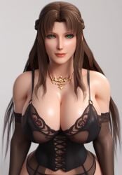 ai_generated bare_shoulders brown_hair cetra corset curvy_figure elbow_gloves final_fantasy_vii fishnets garter_straps green_eyes huge_breasts ifalna long_hair milf mother necklace