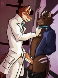2025 anthro artemis_(remember_the_flowers) ball_tuft balls black_bottomwear black_clothing black_nose black_pants blue_dress_shirt blush bodily_fluids body_hair bottomwear bottomwear_down brown_body brown_fur brown_hair bryn_the_marten button_(fastener) cheek_tuft clothed clothed_male clothing coat collar collar_pull collared_shirt dated dress_shirt dripping duo erection facial_tuft fully_clothed fully_clothed_male fur genital_fluids genitals gloves glowing glowing_clothing glowing_collar gulonine hair hand_on_penis hands_behind_back handwear happy_trail hi_res holding_penis labcoat leaking_precum male male/male mammal marten mustelid musteline navel nipples open_clothing open_shirt open_topwear orange_body orange_fur pants pants_down partially_clothed partially_clothed_male penis pink_body pink_fur pink_hair pink_nipples pink_nose pink_stripes precum precum_drip precum_on_own_penis remember_the_flowers sable_(marten) shirt short_hair signature smile stripes tail tan_body tan_fur topwear tuft ventkazemaru watermark whisker_spots