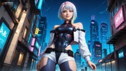 ai ai_generated bare_shoulders belt createdwithai cropped_jacket cyberpunk_edgerunners cyberskin digital_2d fan_art female girl high_heel high_heel_boots highleg_leotard hip_vent knee_boots long_sleeves lucy_(cyberpunk) lucyna_kushinada makeup multicolored_eyes multicolored_hair nostra666 off-shoulder_jacket open_jacket parted_bangs patreon red_eyeliner see-through_pantyhose short_hair stable_diffusion turtleneck_leotard white_eyebrows white_hair white_shorts