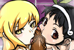 artist_request bakemonogatari black_hair blonde_hair brown_eyes hachikuji_mayoi licking licking_penis monogatari_(series) oral oshino_shinobu penis tongue yellow_eyes